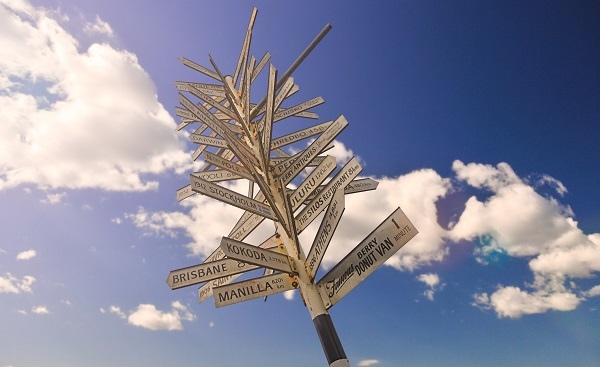Signpost With Many Directions And Blue Sky