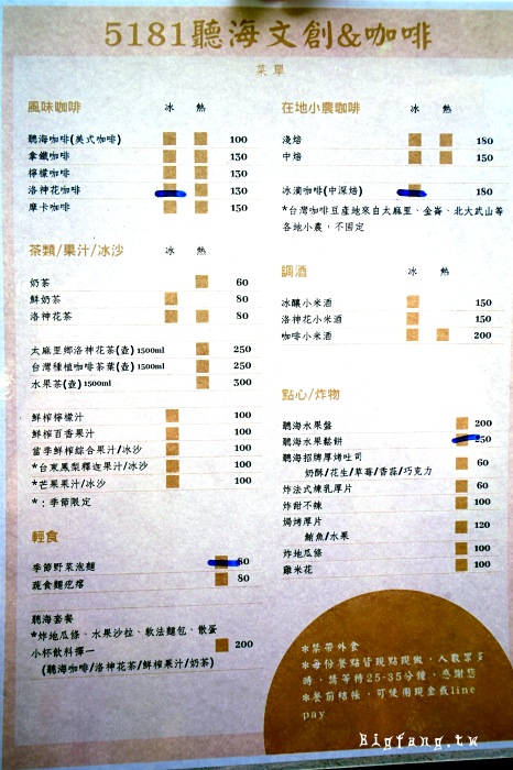 台東海景咖啡 5181聽海文創&咖啡 菜單MENU