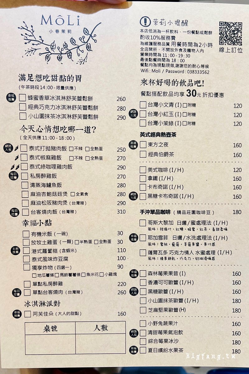 花蓮美食 小巷茉莉MôLi Café 舒芙蕾鬆餅 菜單MENU