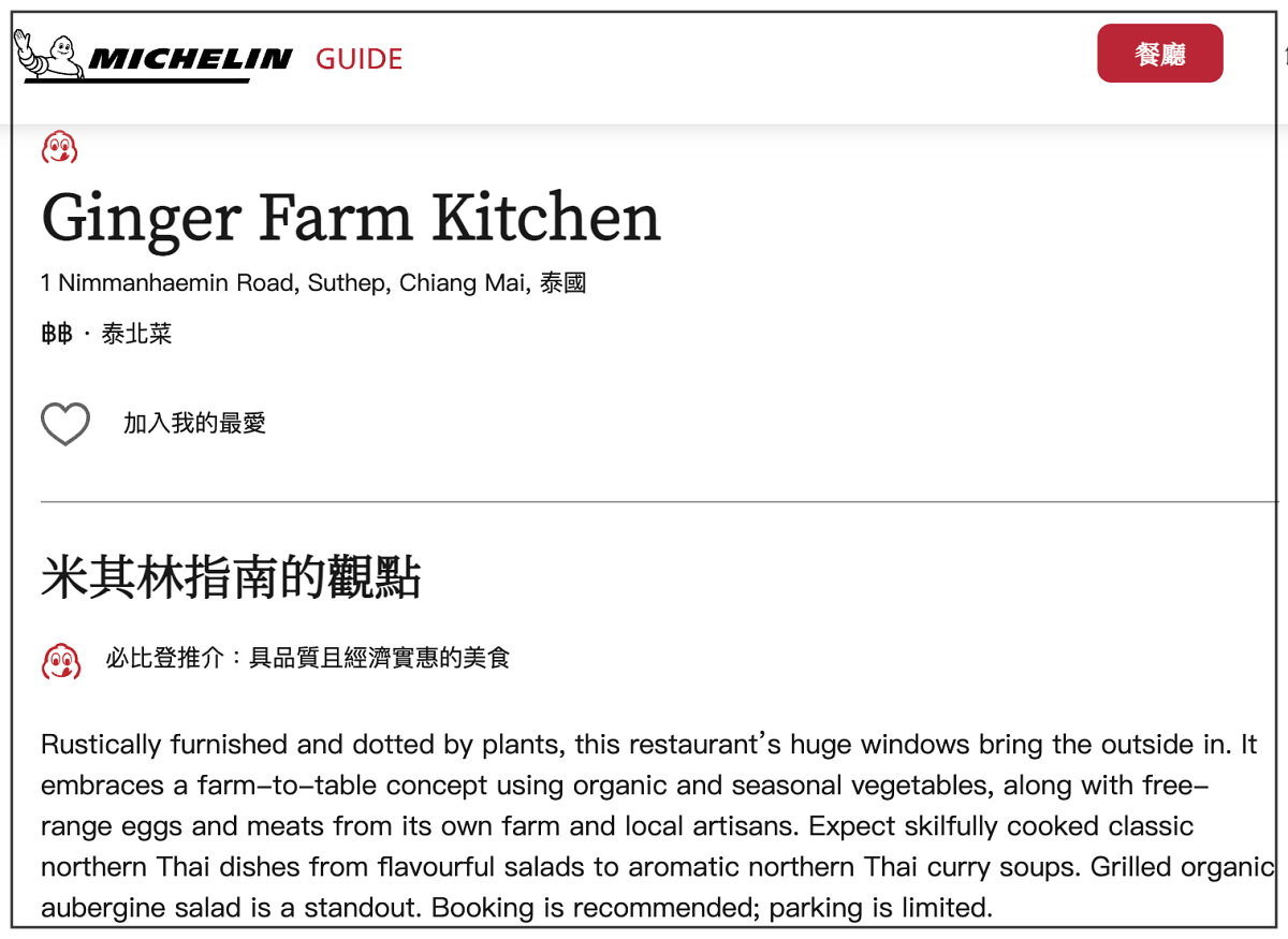 清邁米其林必比登 Ginger Farm Kitchen 泰北菜