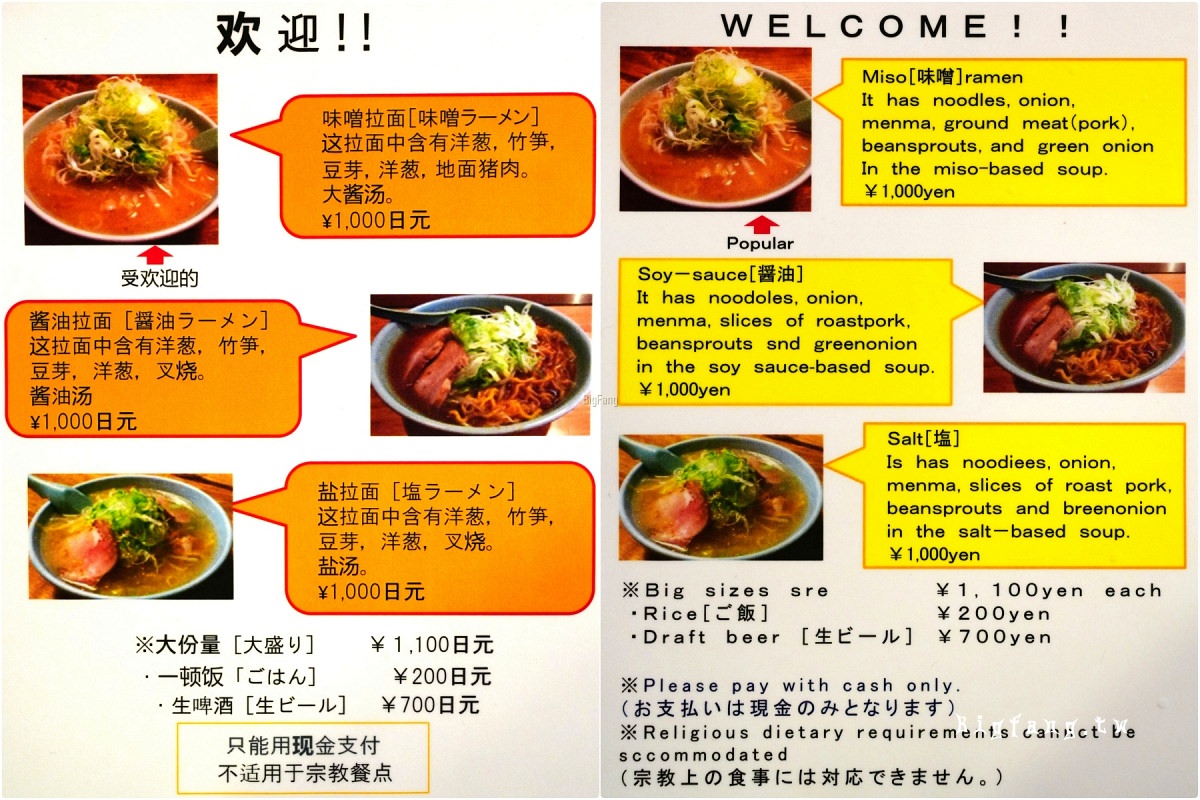 札幌狸小路 喜來登拉麵 菜單MENU